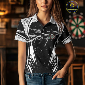 Personalized Thunder Lightning Dart Jersey For Women, Black White Darts Team Shirt Polo & 1/4 Zip TDM4123