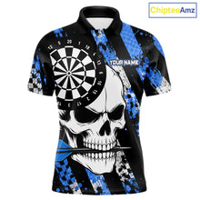 Load image into Gallery viewer, Blue camo stripes skull darts polo shirt for men with custom league team graphics.
