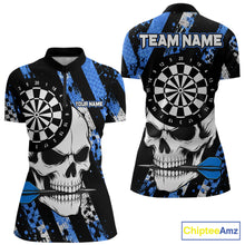 Load image into Gallery viewer, Blue camo stripes skull darts quarter zip shirt for women built for league tournaments and team events.