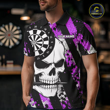 Load image into Gallery viewer, Man wearing a purple camo skull darts jersey at a darts venue front view.