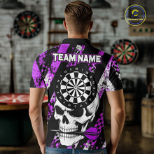 Load image into Gallery viewer, Back view of man wearing a purple camo skull darts shirt during league play.