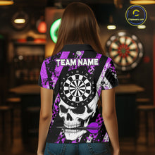 Load image into Gallery viewer, Back view of woman wearing a purple camo skull darts shirt during league play.