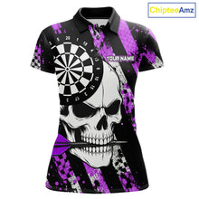 Load image into Gallery viewer, Purple camo stripes skull darts polo shirt for women with custom league team graphics.