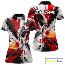 Load image into Gallery viewer, Red splatter bowling ball and pins bowling polo shirt for women with custom bowling team graphics.