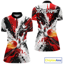 Load image into Gallery viewer, Red splatter bowling ball and pins bowling quarter zip shirt for women designed for league tournaments.