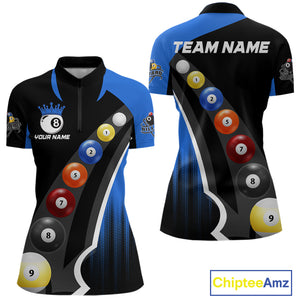 Personalized Black Blue Billiard Shirt For Women Custom Funny Pool Balls Team Jersey Polo & 1/4 Zip TDM4497