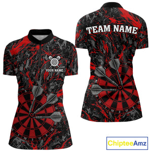 Custom Black And Red Grunge Camo Dart Shirts For Women, Camouflage Dart Team Jersey Polo & 1/4 Zip TDM3959