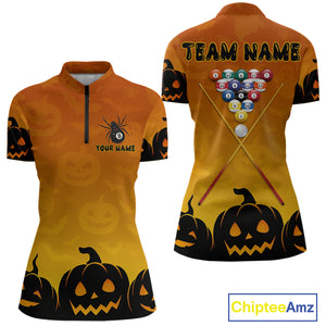 Personalized Orange Black Funny Pumpkin Billiard Shirt For Women Custom Halloween Pool Team Jersey TDM4510