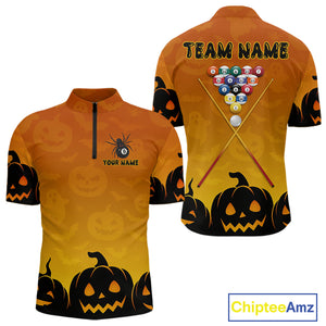 Personalized Orange Black Funny Pumpkin Billiard Shirt For Men Custom Halloween Pool Team Jersey TDM4510