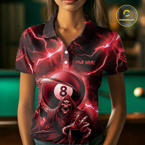 Red Grim Reaper 8 Ball Billiard Shirt For Women Custom Funny Thunder Lightning Pool Team Jersey TDM4935