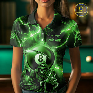 Green Grim Reaper 8 Ball Billiard Shirt For Women Custom Funny Thunder Lightning Pool Team Jersey TDM4936