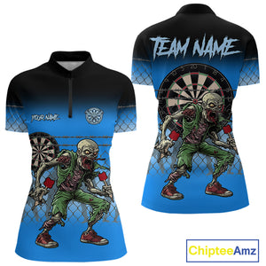 Blue Funny Zombie Dart Shirt With Pocket Option For Women Custom Darts Jersey TDM4937