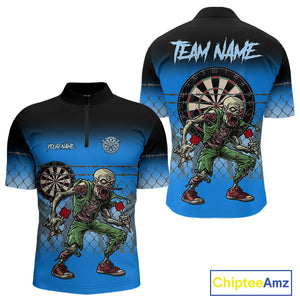 Blue Funny Zombie Dart Shirt With Pocket Option For Men Custom Darts Jersey TDM4937