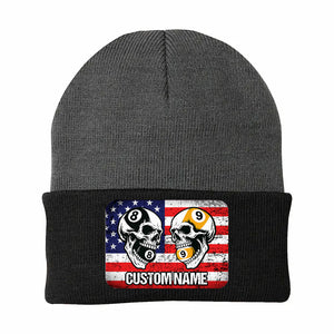 Funny Skull 8&9 Ball Billiard Knit Beanie Hat Rectangle Patch Custom US Flag Pool Player Knit Hat TDM4942