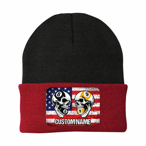 Funny Skull 8&9 Ball Billiard Knit Beanie Hat Rectangle Patch Custom US Flag Pool Player Knit Hat TDM4942
