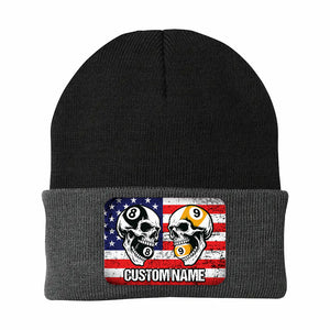 Funny Skull 8&9 Ball Billiard Knit Beanie Hat Rectangle Patch Custom US Flag Pool Player Knit Hat TDM4942