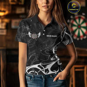 Grey And Black Custom Wings Darts Shirt For Women, Darts Jersey Pocket Option TDM3841