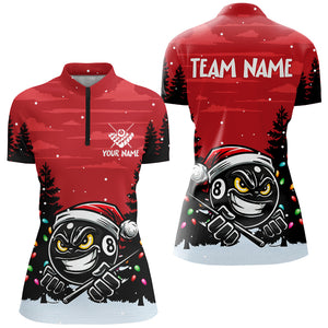 Personalized Red Christmas Santa 8 Ball Pool Billiard Shirts For Women, Funny Xmas Billiard Jerseys TDM2932