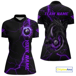 Black And Purple 8 Ball Thunder Lightning Custom Dragon Women's Billiard Shirt, Billiard Team Jersey TDM4349