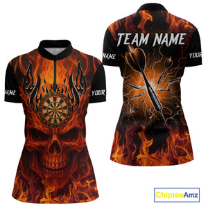 Orange Flaming Skull Women's Dart Jerseys Custom Dart Fire Lightning Darts Team Shirt Polo & 1/4 Zip TDM3856