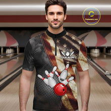 Load image into Gallery viewer, Man wearing a retro American flag bowling quarter zip jersey during tournament play front view.