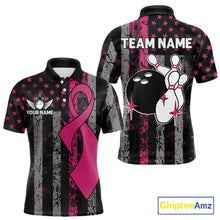 Load image into Gallery viewer, Custom Pink Ribbon Grunge American Flag Bowling Shirt For Men, Breast Cancer Bowling Team Jersey TDM6289