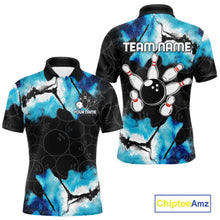 Load image into Gallery viewer, Dreamy blue bowling polo shirt for men with custom bowling team graphics.