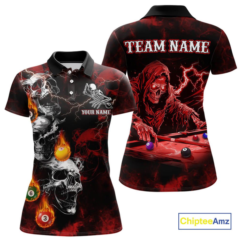 Personalized Red Smoke Skull Billiard Shirts For Women Custom Death Skeleton Billiard Jerseys TDM3869