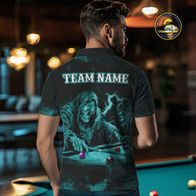 Load image into Gallery viewer, Personalized Turquoise Smoke Skull Billiard Shirts For Men Custom Death Skeleton Billiard Jerseys TDM3871