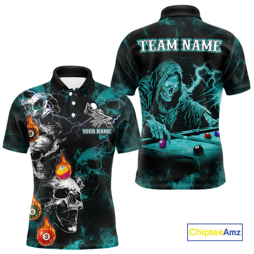 Personalized Turquoise Smoke Skull Billiard Shirts For Men Custom Death Skeleton Billiard Jerseys TDM3871