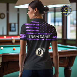 Customized Retro 8 Ball Pool Purple Camo US Flag Billiard Shirt For Women, Patriotic Billiard Jersey TDM4331