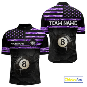 Customized Retro 8 Ball Pool Purple Camo US Flag Billiard Shirt For Men, Patriotic Billiard Jersey TDM4331