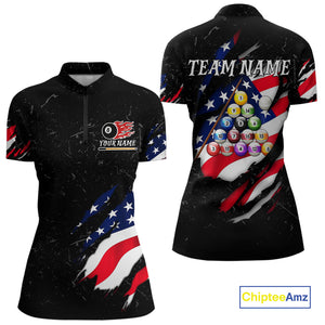 Personalized Black Grunge American Flag Billiard Shirt For Women Custom Patriotic 8 Ball Pool Jersey TDM4757
