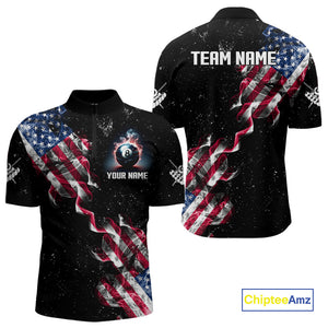 Customized Grunge US Flag Smoke Billiard Polo & 1/4 Zip For Men, Patriotic 8 Ball Pool Team Jersey TDM4546