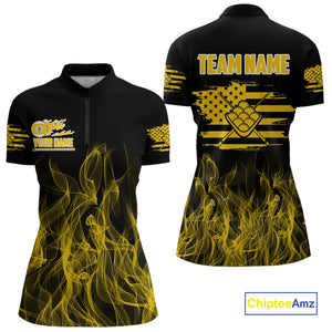 Yellow Flaming US Flag 9 Ball Billiard Shirt For Women Custom Patriotic Pool Player Team Jersey TDM4548