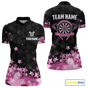 Funny Custom Dart Shirt For Women, Pink Black Glowing Star Pattern Darts Polo & Quarter Zip TDM3885