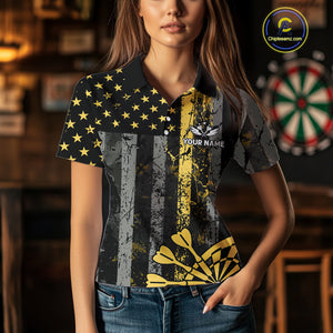Custom Gold Grunge US Flag Patriotic Darts Shirt For Women, Retro Darts Board Darts Team Jerseys TDM3972