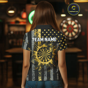 Custom Gold Grunge US Flag Patriotic Darts Shirt For Women, Retro Darts Board Darts Team Jerseys TDM3972