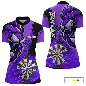 Purple Funny Darts Flame Lion Custom Polo & Quarter-Zip, Personalized Women Dart Shirts Dart Jerseys TDM3973