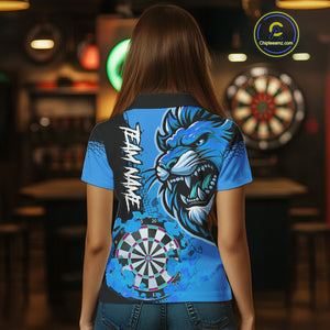 Blue Funny Darts Flame Lion Custom Polo & Quarter-Zip, Personalized Women Dart Shirts Dart Jerseys TDM3974