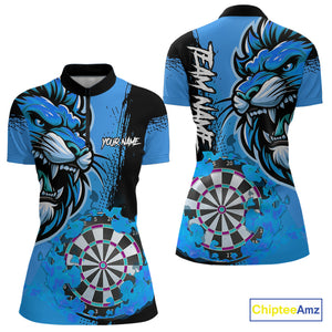 Blue Funny Darts Flame Lion Custom Polo & Quarter-Zip, Personalized Women Dart Shirts Dart Jerseys TDM3974