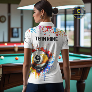 Funny 9 Ball Pool Colorful Paint Splash Custom Billiard Shirt For Women, Billiard Team Jersey|White TDM3977