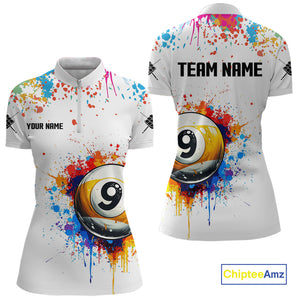 Funny 9 Ball Pool Colorful Paint Splash Custom Billiard Shirt For Women, Billiard Team Jersey|White TDM3977