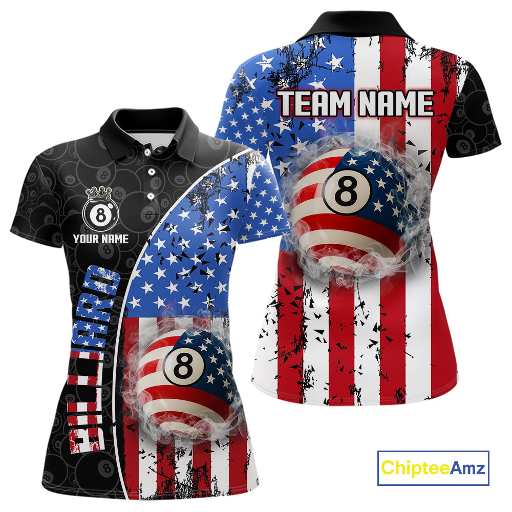 American Flag 8 Ball Smoke Billiard Shirts For Women Custom Patriotic Pool Team Jerseys TDM3997
