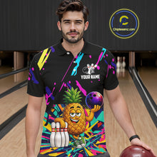 Load image into Gallery viewer, Man wearing a colorful pineapple bowling polo shirt at a bowling alley front view.