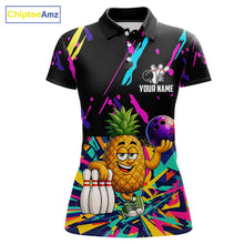 Load image into Gallery viewer, Colorful pineapple bowling polo shirt for women with tropical custom bowling team graphics.