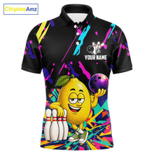 Load image into Gallery viewer, Colorful lemon bowling polo shirt for men with vibrant custom bowling team graphics.