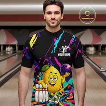 Load image into Gallery viewer, Man wearing a colorful lemon bowling quarter zip jersey during league competition front view.