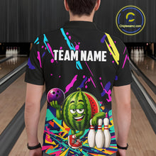 Load image into Gallery viewer, Back view of man wearing a colorful watermelon bowling polo shirt inside a bowling alley.