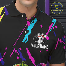 Load image into Gallery viewer, Close-up of a colorful watermelon bowling polo shirt collar, buttons, and watermelon artwork.